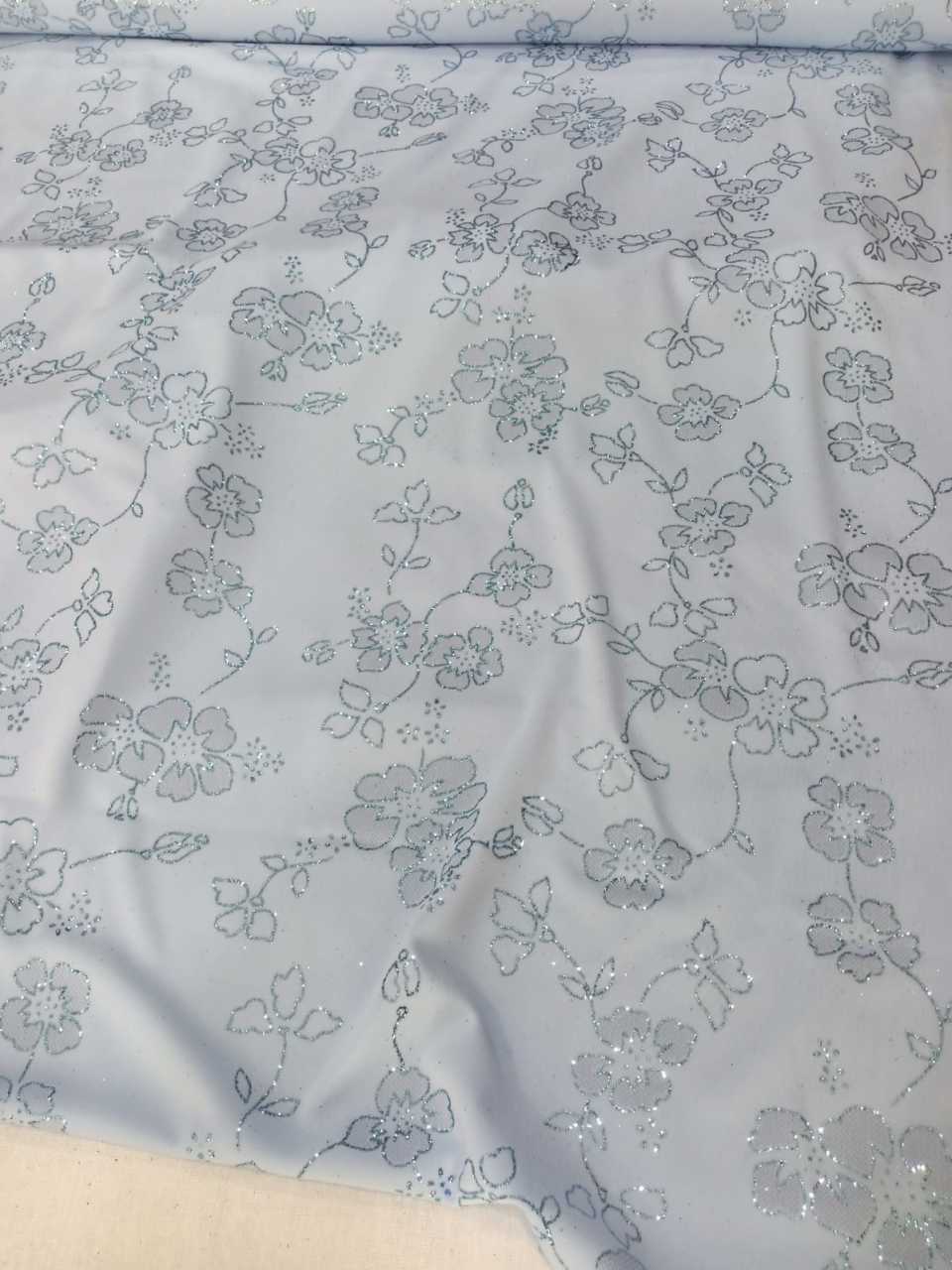 Buz Mavi Simli Çiçekler Abiyelik Kumaş