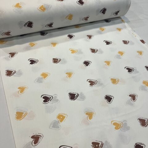 Kahve-Sarı Kalpler Poplin Kumaş