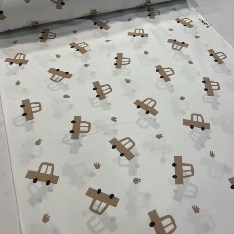 Kahve Arabalar Poplin Kumaş