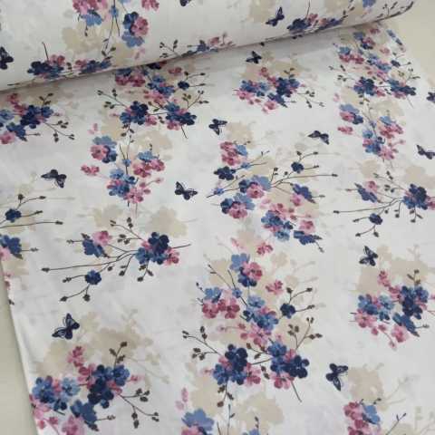 Mavi Bahçedeki Kelebek Poplin Kumaş