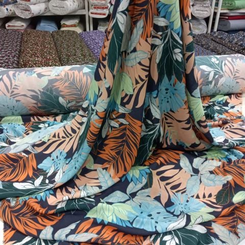 Renkli Palmiye Vual(Floş) Viskon Kumaş