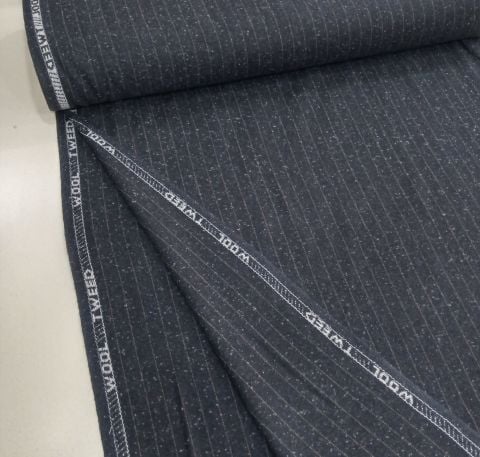 Yünlü Lacivert Çizgili Tweed Kumaş