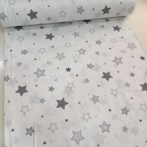 Gri Küçük-Büyük Yıldızlar Poplin Kumaş
