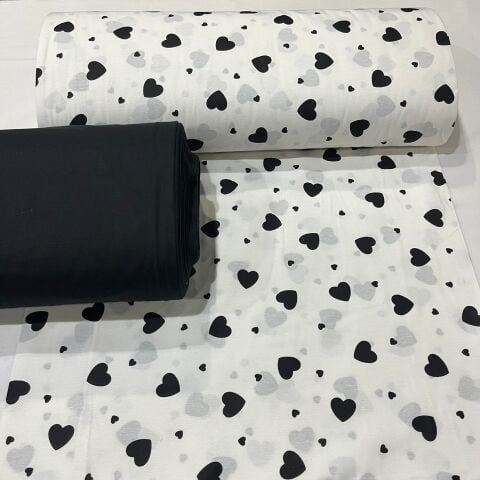 Siyah Kalp Poplin Kumaş