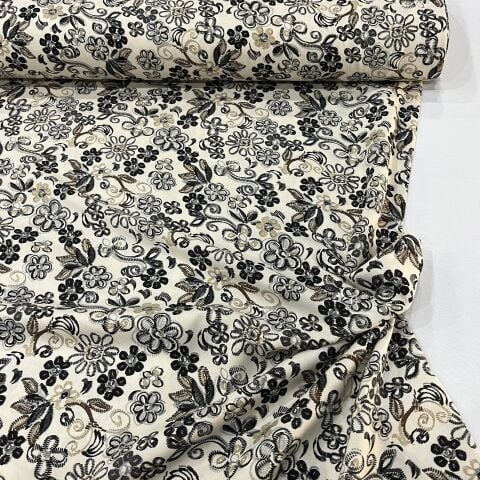 Siyah-Krem Duru Çiçek Viskon Kumaş