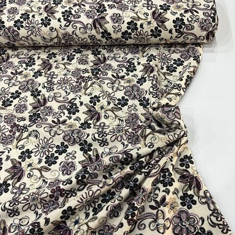 Siyah-Mor Duru Çiçek Viskon Kumaş