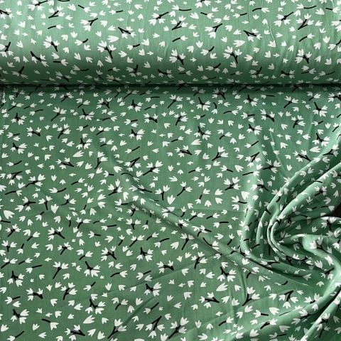 Yeşil Basma Çiçekler Viskon Kumaş