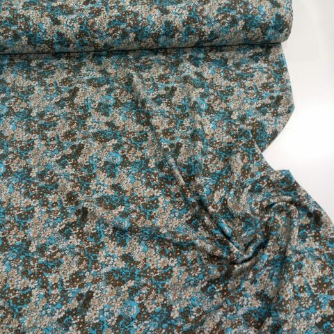 Turkuaz Zemin Baskı Çiçekler Viskon Kumaş