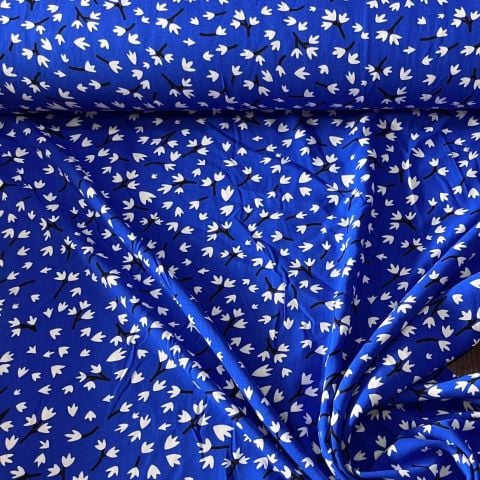 Mavi Basma Çiçekler Viskon Kumaş