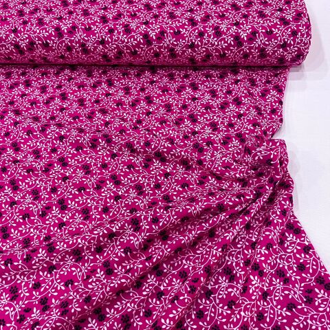 Fuşya Minik Çiçekli Viskon Kumaş