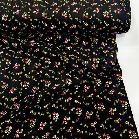 Siyah Zemin Serpme Çiçekler Viskon Kumaş