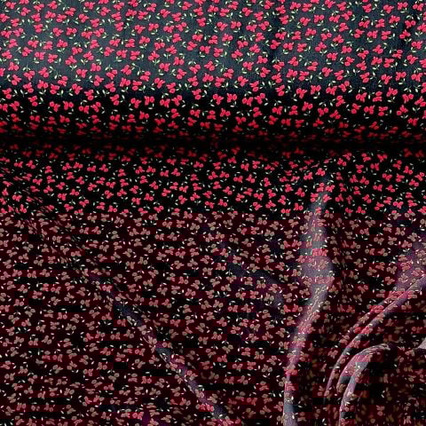 Siyah-Kırmızı Flowers Viskon Kumaş