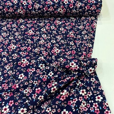 Lacivert Flowers Viskon Kumaş