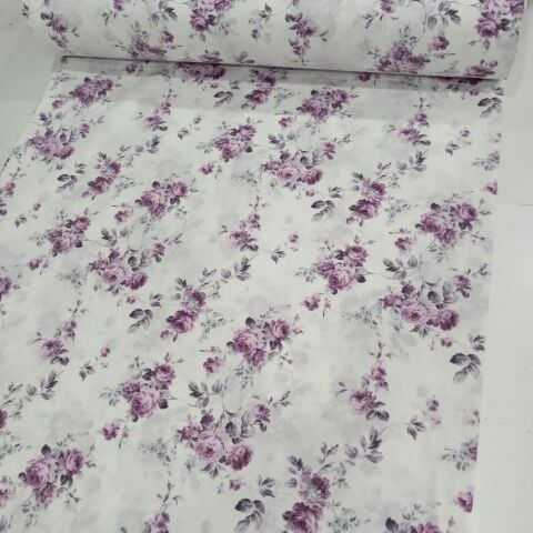 Mor Gül Buketi Poplin Kumaş