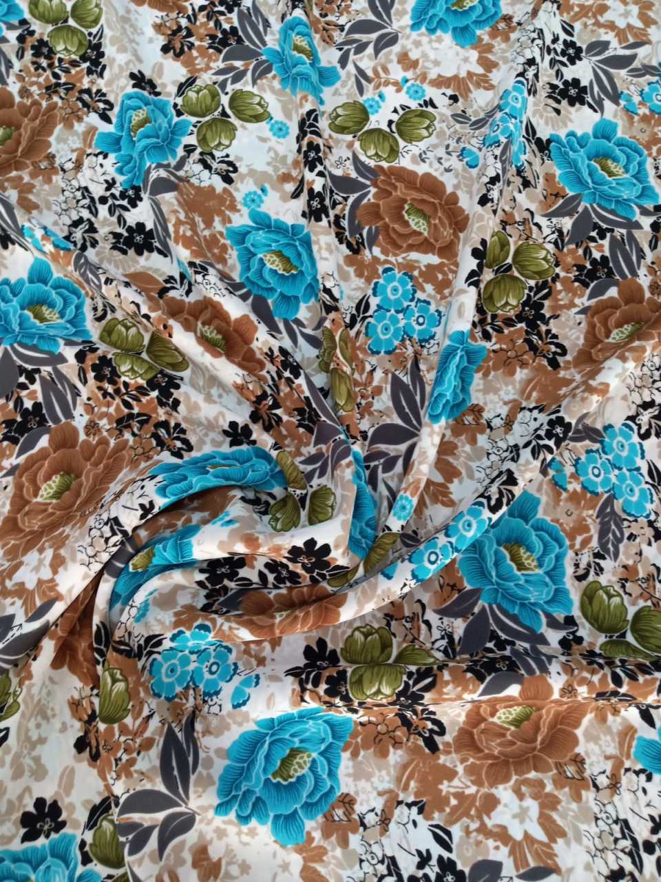 Amazon Liza Kumaş Mavi-Kahve Çiçekli