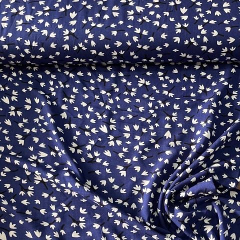 İndigo Basma Çiçekler Viskon Kumaş
