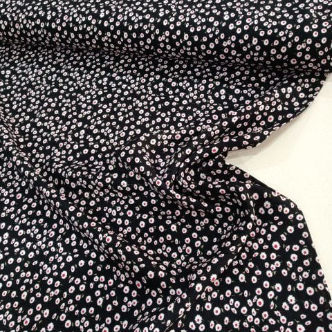 Siyah Minik Papatyalı Viskon Kumaş