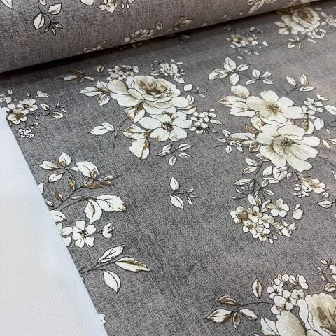 Pastel Gri Güller Döşemelik Duck Keten Kumaş (en 215 cm)