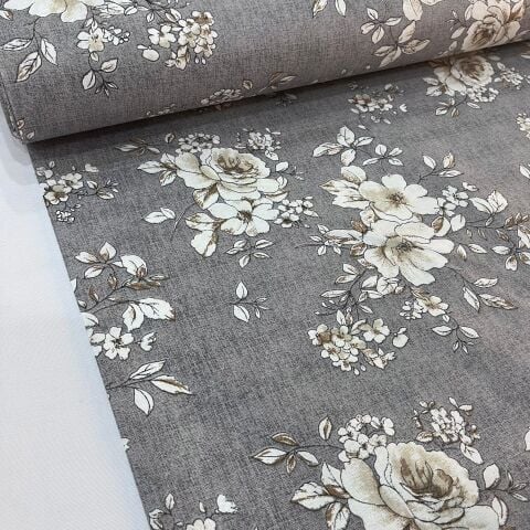 Pastel Gri Güller Döşemelik Duck Keten Kumaş (en 215 cm)