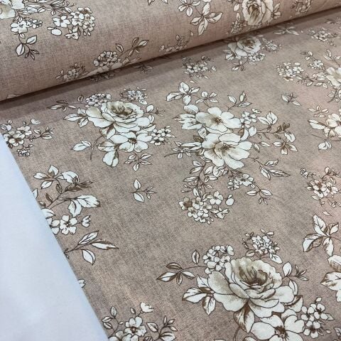 Pastel Kahve Güller Döşemelik Duck Keten Kumaş (en 215 cm)