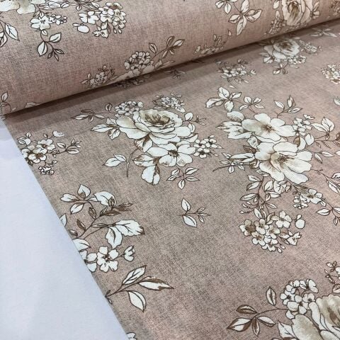 Pastel Kahve Güller Döşemelik Duck Keten Kumaş (en 215 cm)