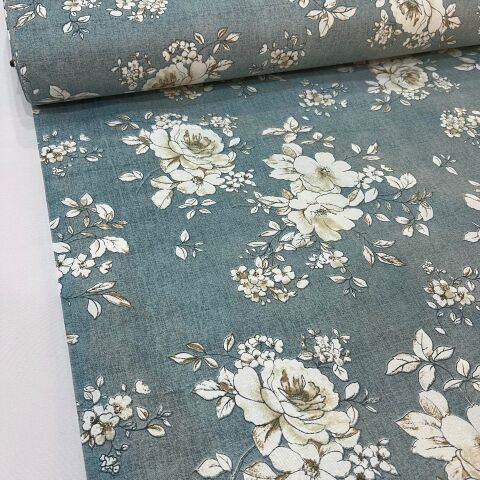 Pastel Mavi Güller Döşemelik Duck Keten Kumaş (en 215 cm)
