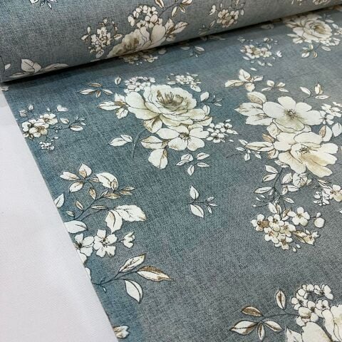 Pastel Mavi Güller Döşemelik Duck Keten Kumaş (en 215 cm)